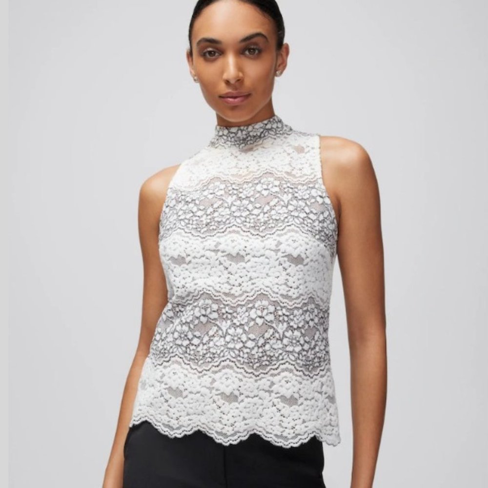 White House Black Market Women's Black & White Lace Shell Sleeveless Top  - 8